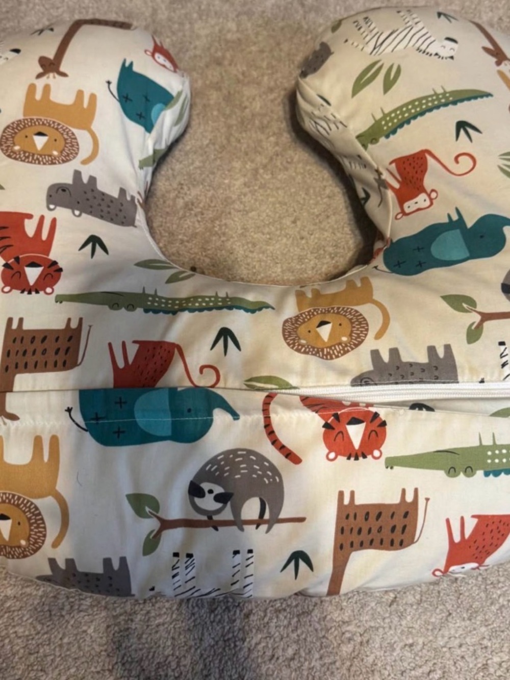 Boppy Nursing Pillow in Cream with Teal, Orange, Mustard & Gray Safari Animals